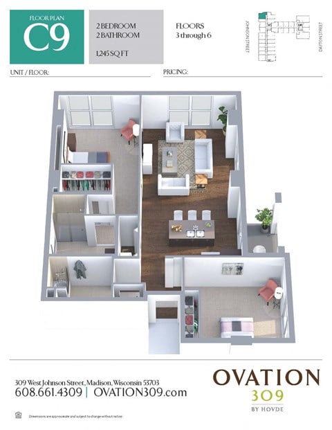 Floor plan for 2 beds, 2 baths, 1245 sqft